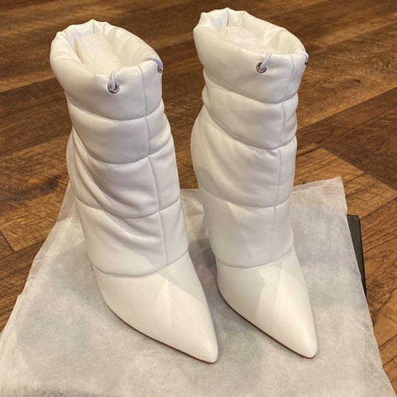 PUFFER HEELED BOOT Stiletto White Pointed Toe Bootie - Picture 4 of 11